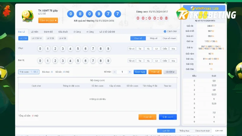 Giao diện sảnh cược xổ số miền Trung siêu tốc 75s của TK88