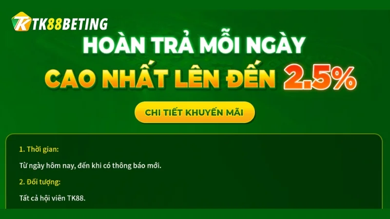 Sự kiện hoàn trả mỗi ngày áp dụng cho mọi tựa game giải trí có mặt tại TK88 