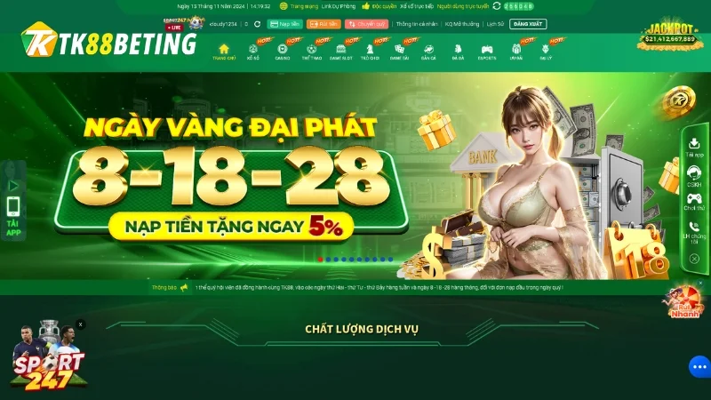 Sự kiện nạp tiền ngày vàng áp dụng cho hầu hết các loại hình cá cược tại Tk88 như thể thao, bắn cá, lô đề,...